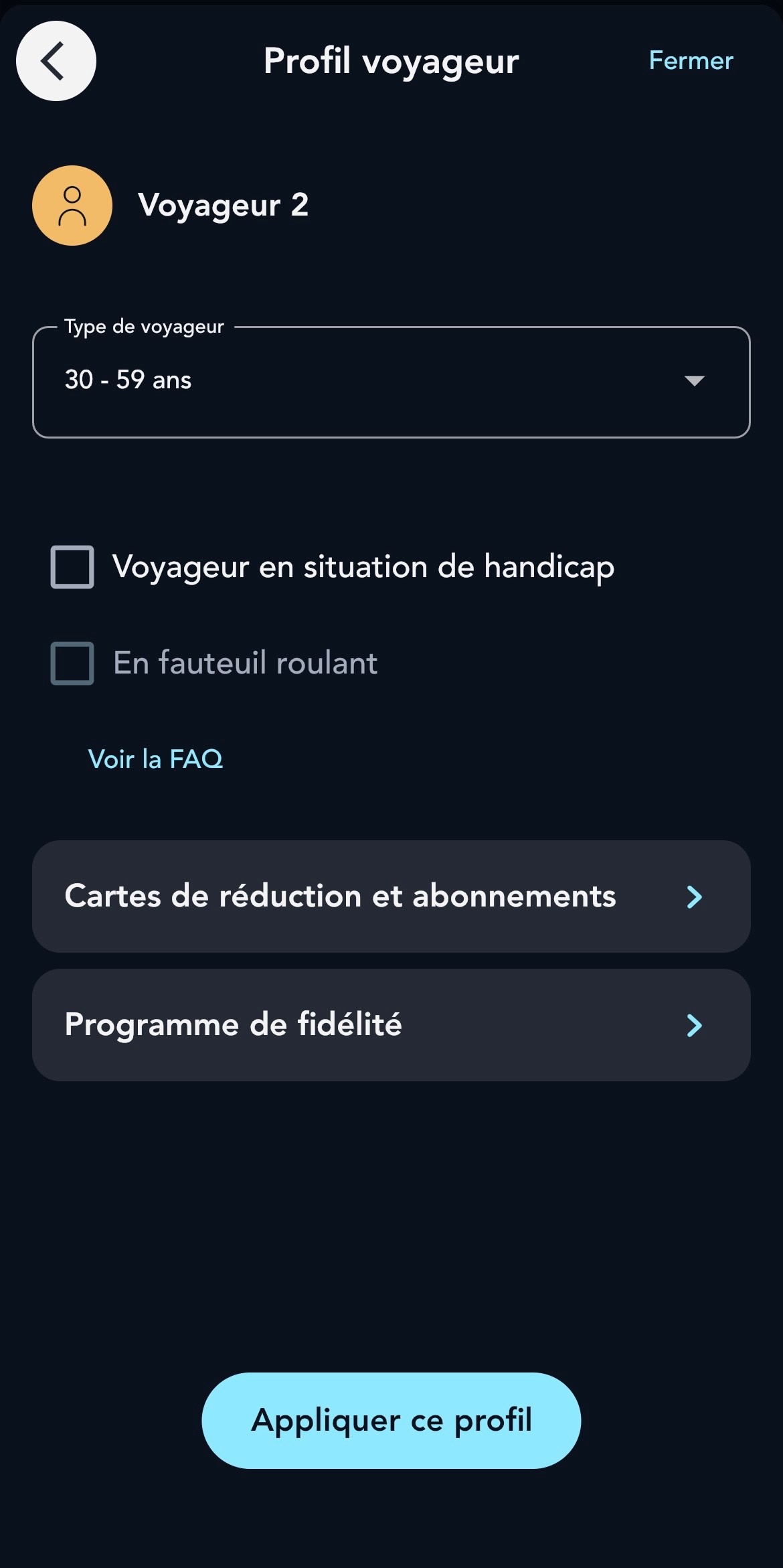 Dans l'écran profil voyageur, renseignez les informations concernant le voyageur