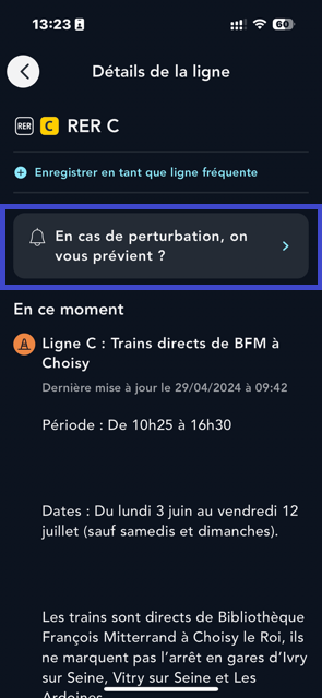 visuel d'une capture écran de l'application avec sélection du bouton "En cas de perturbation, on vous prévient"