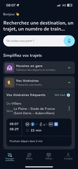 Ecran de l'itinéraire fréquent affiché sur la page d'accueil de l'appli SNCF Connect