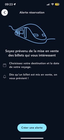Ecran de la création d'une alerte réservation via le compte sur l'appli SNCF Connect
