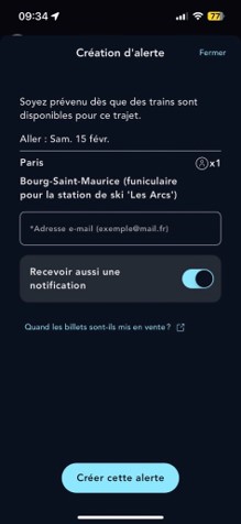 Ecran de la création d'une alerte réservation via la recherche de billets sur l'appli SNCF Connect