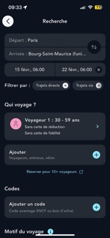 Ecran du formulaire de recherche de billet sur l'appli SNCF Connect