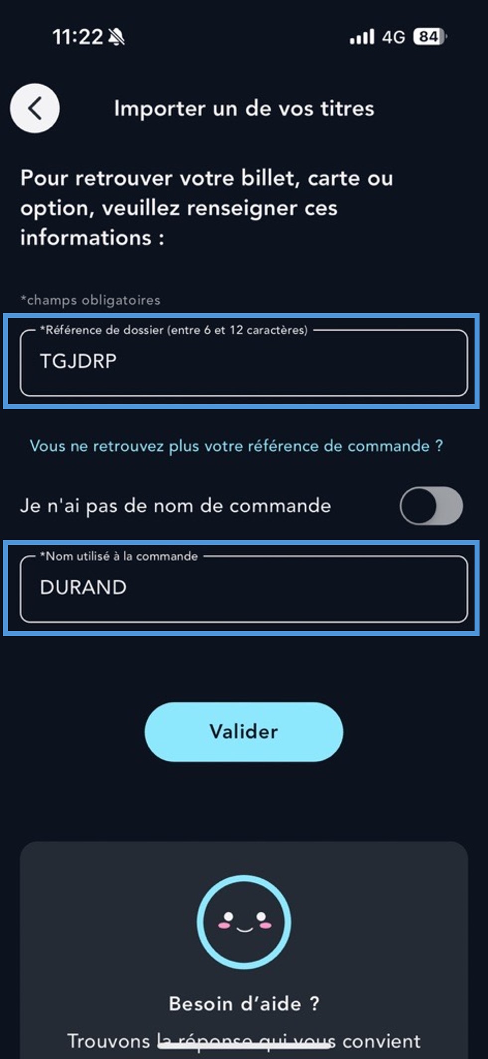 Ecran de la page de saisie des références de voyage sur l'appli SNCF Connect