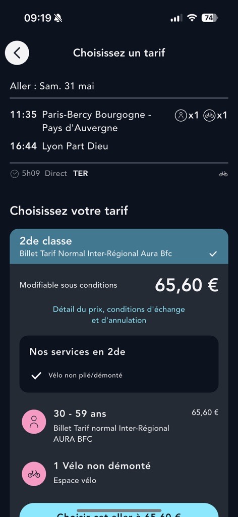 Visuel de la page de sélection d'un billet sur l'application SNCF Connect