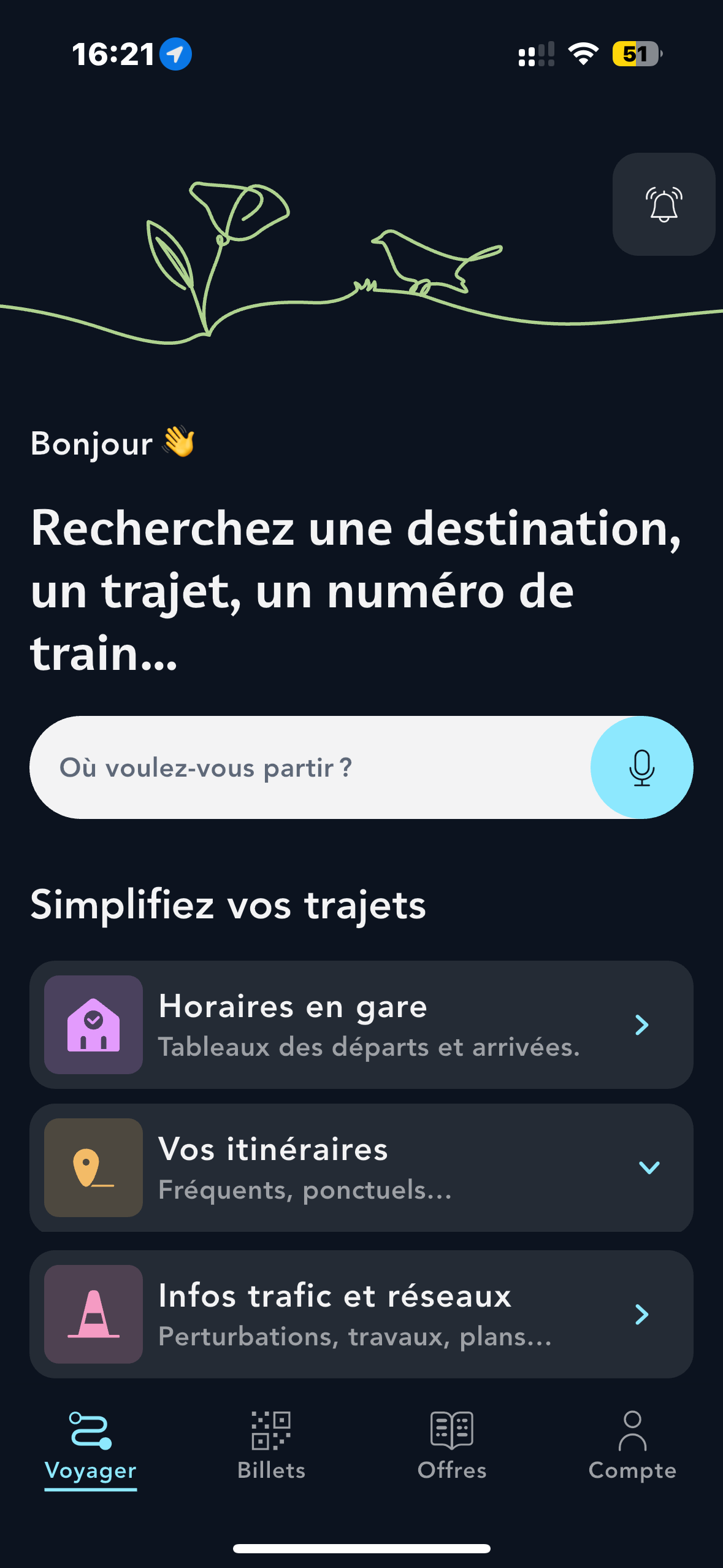 Ecran de la page d'accueil de l'application SNCF Connect