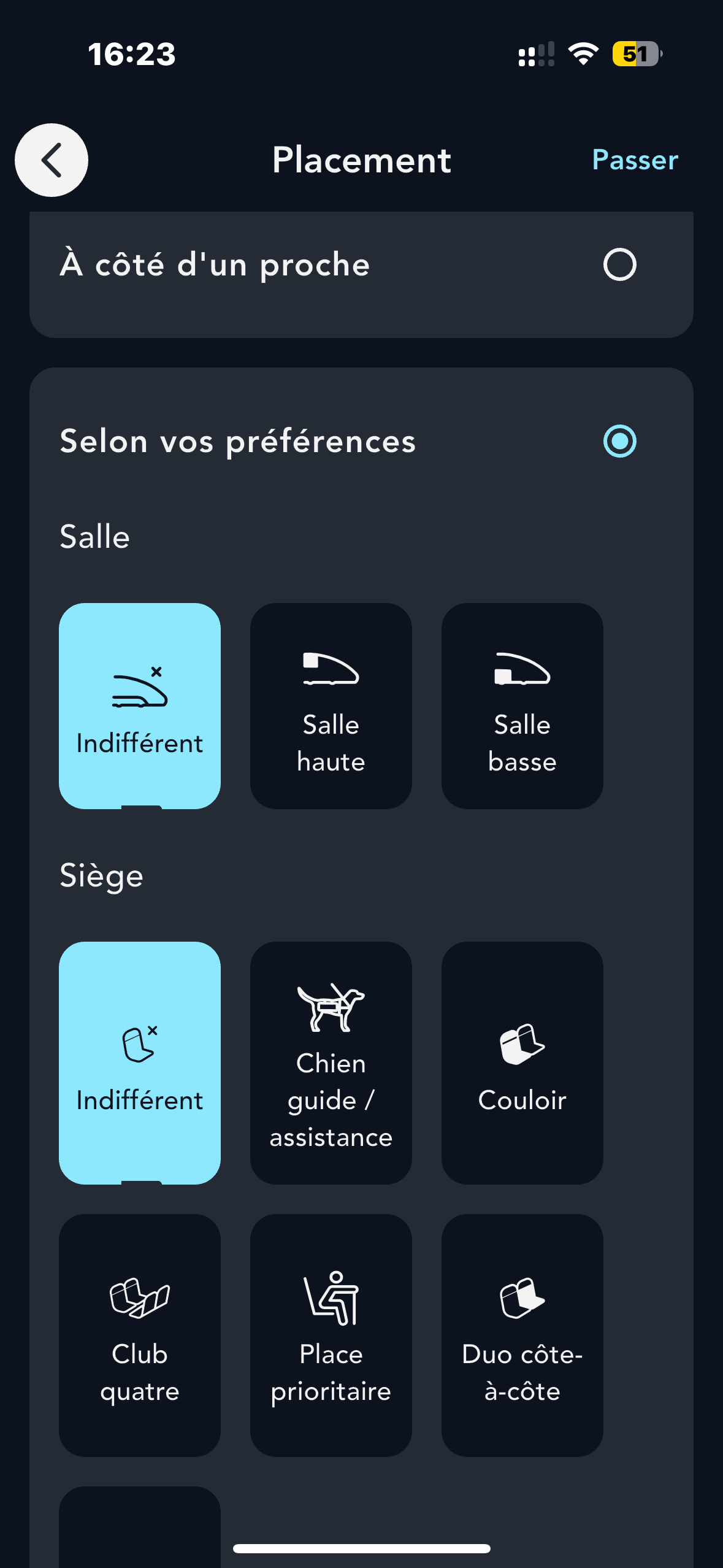 Ecran illustrant les différentes places proposées à bord