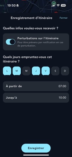 Ecran illustrant l'activation d'une alerte info trafic sur un itinéraire fréquent