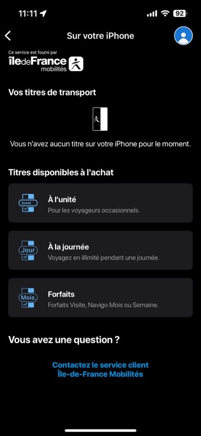 Ecran de la page d'achat des titres de transport en Île-de-France