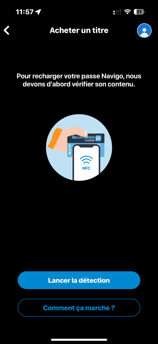Ecran illustrant l'étape de détection du Passe Navigo